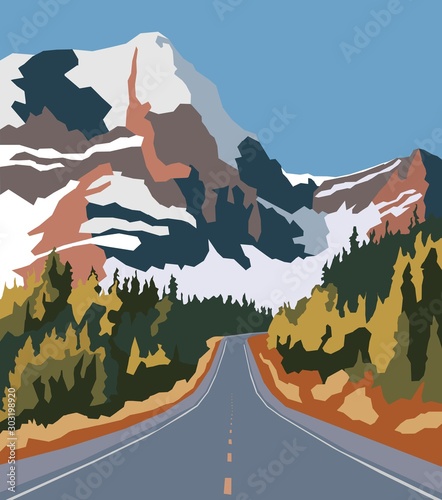 On the way to snowy mountains.  Abstract landscape in minimalism style with straight road to winter mountains in a sunny day.