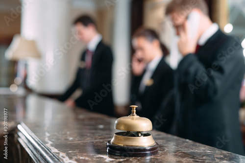 Valokuva Hotel service bell Concept hotel, travel, room,Modern luxury hotel reception counter desk on background
