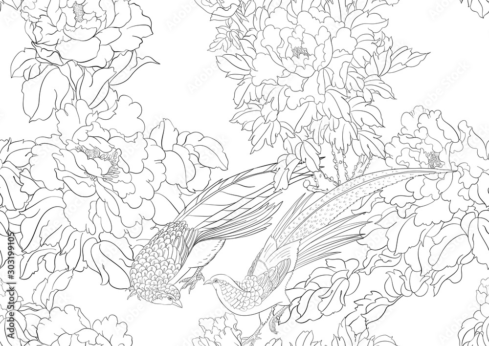 Fototapeta premium Peony tree branch with flowers with pheasants in the style of Chinese painting on silk Seamless pattern, background. Outline hand drawing vector illustration..