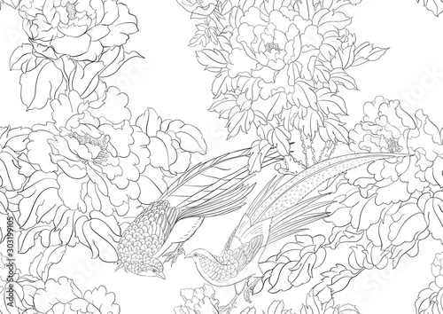 Peony tree branch with flowers with pheasants in the style of Chinese painting on silk Seamless pattern, background. Outline hand drawing vector illustration..