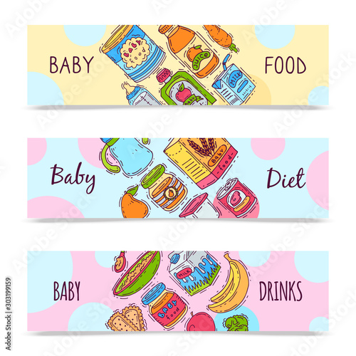 Baby formula food puree vector illustration. Complementary feeding and nutritions for kids. Babies bottles, jars and vegetables. First meal products templates for flyers