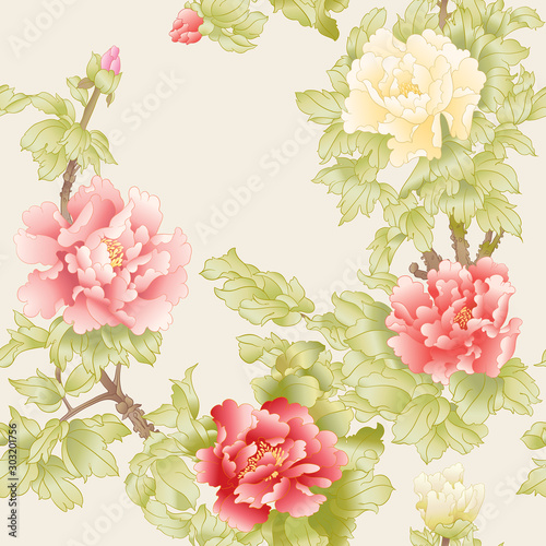 Peony tree branch with flowers in the style of Chinese painting on silk Seamless pattern, background. Colored vector illustration. On soft yellow background..