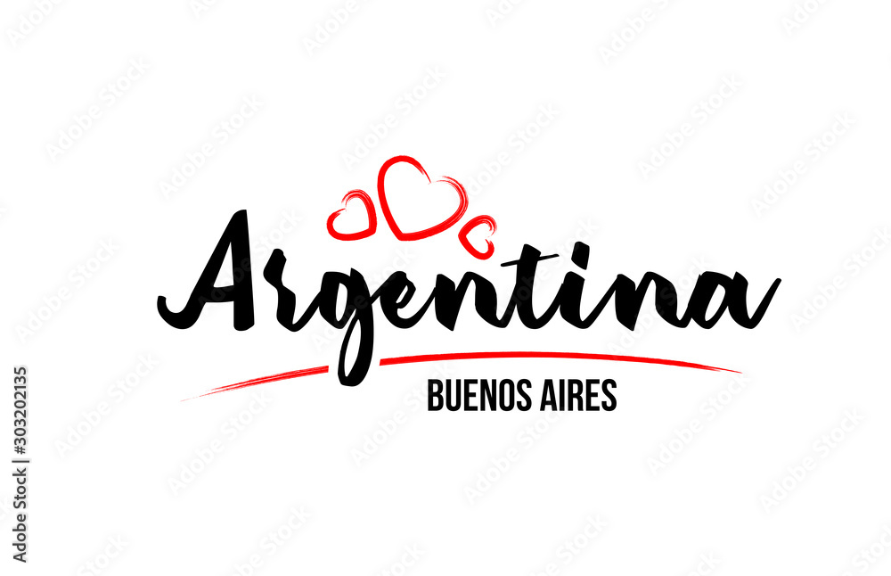 Argentina country with red love heart and its capital Buenos Aires creative typography logo design