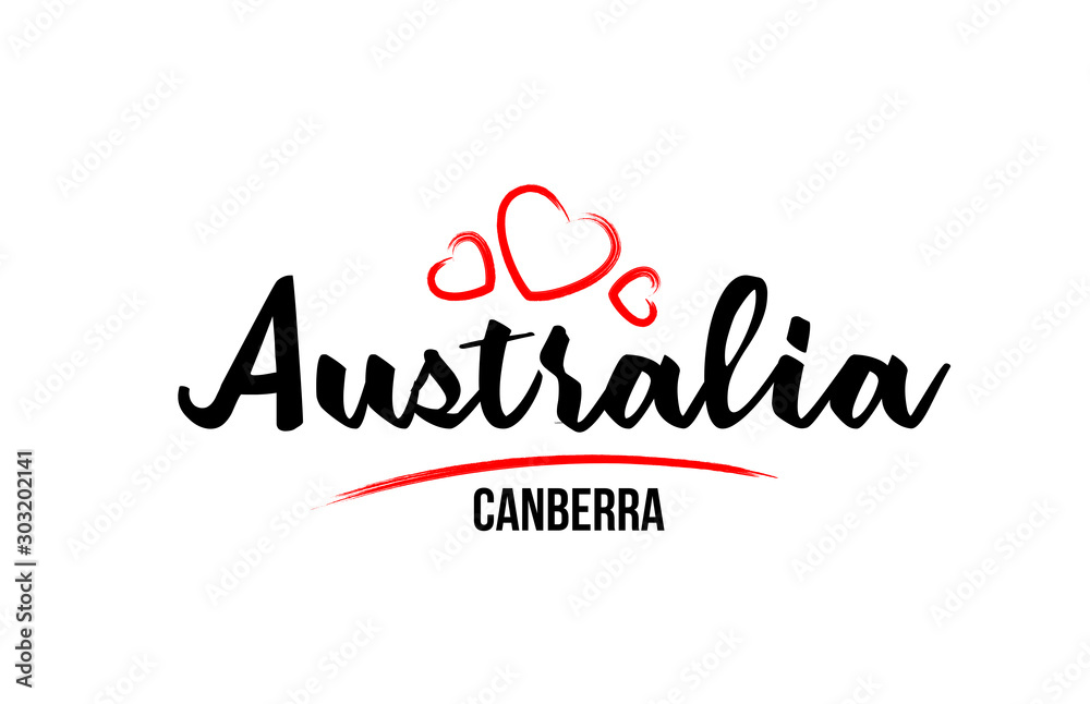Australia country with red love heart and its capital Canberra creative typography logo design