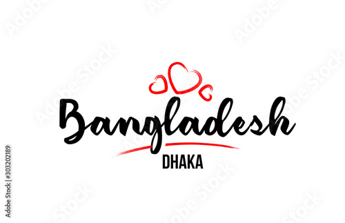 Bangladesh country with red love heart and its capital Dhaka creative typography logo design