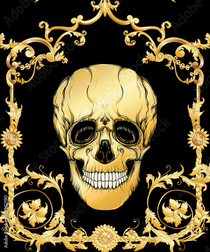Floral pattern with human skull. Seamless pattern in baroque style. Vector illustration.