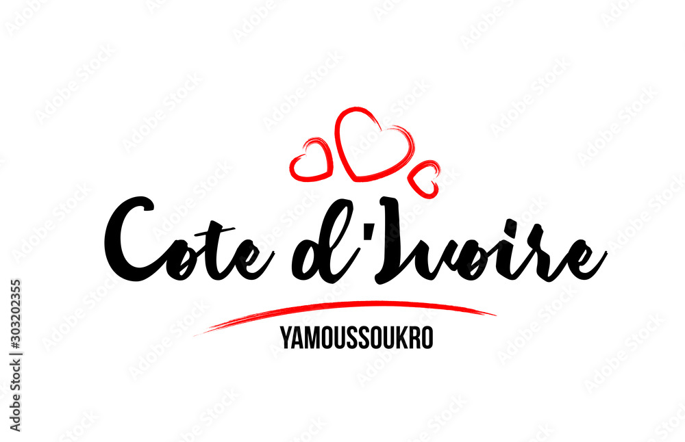 Cote d'Ivoire country with red love heart and its capital Yamoussoukro creative typography logo design