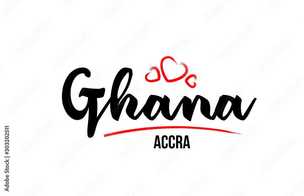 Ghana country with red love heart and its capital Accra creative typography logo design