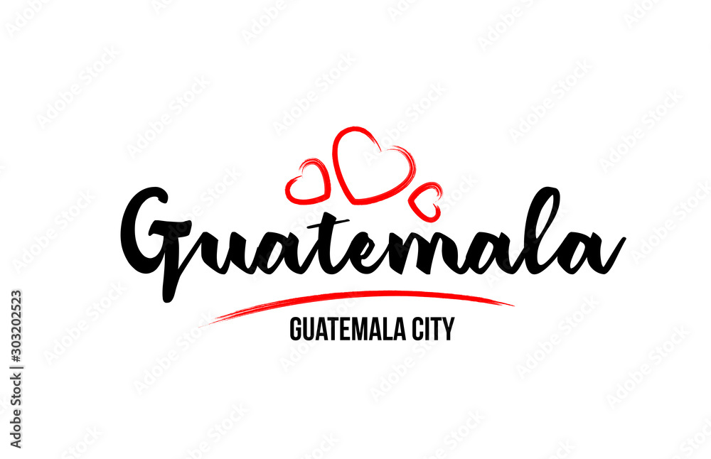 Guatemala country with red love heart and its capital Guatemala City creative typography logo design