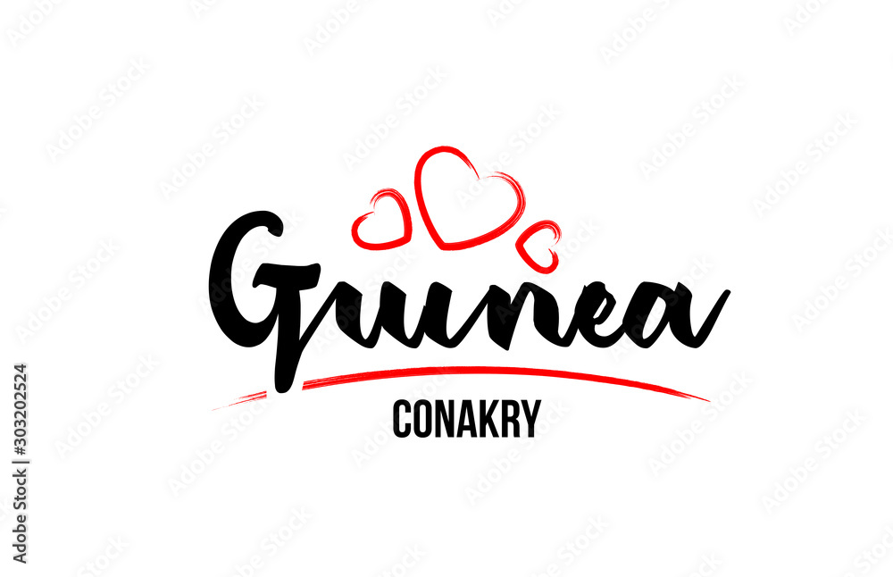 Guinea country with red love heart and its capital Conakry creative typography logo design