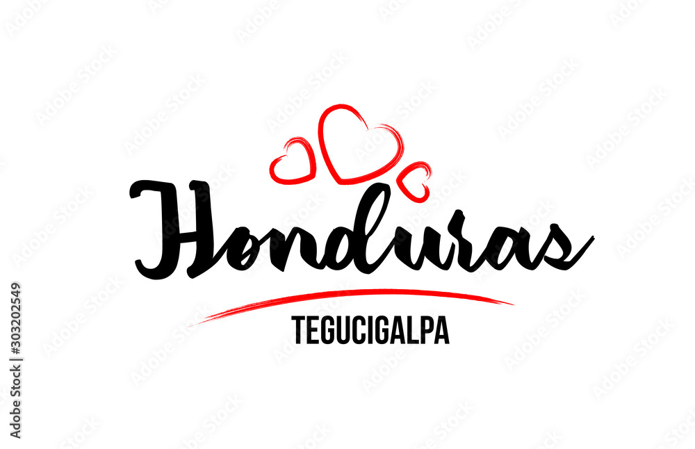 Honduras country with red love heart and its capital Tegucigalpa creative typography logo design