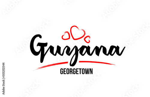 Guyana country with red love heart and its capital Georgetown creative typography logo design