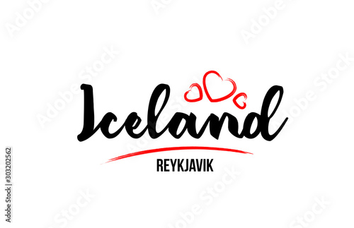 Iceland country with red love heart and its capital Reykjavik creative typography logo design