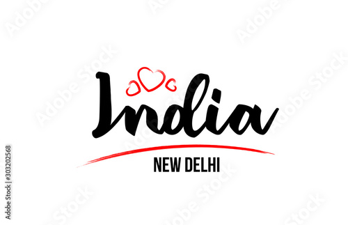 India country with red love heart and its capital New Delhi creative typography logo design
