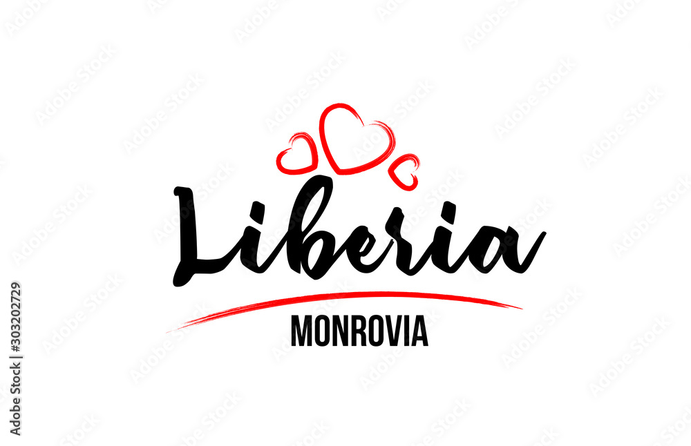 Liberia country with red love heart and its capital Monrovia creative typography logo design