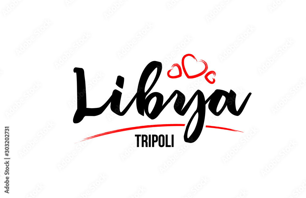 Libya country with red love heart and its capital Tripoli creative typography logo design