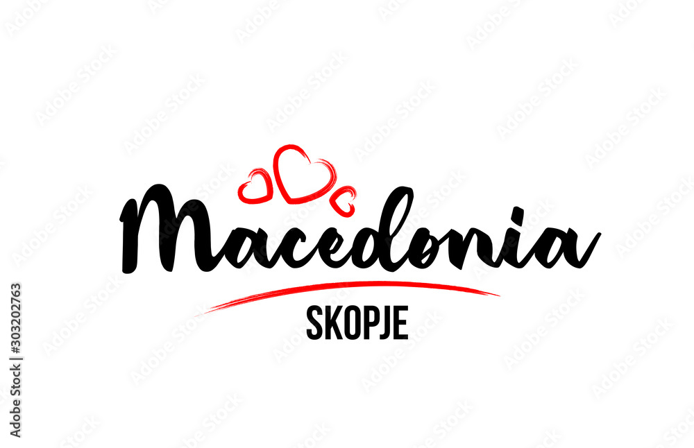Macedonia country with red love heart and its capital Skopje creative typography logo design