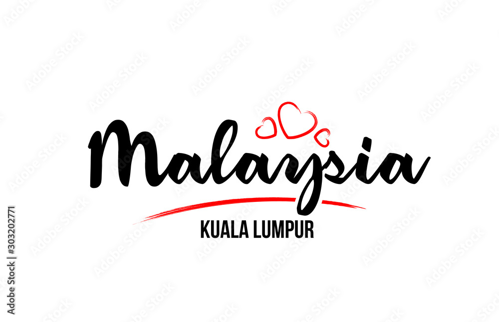 Malaysia country with red love heart and its capital Kuala Lumpur creative typography logo design