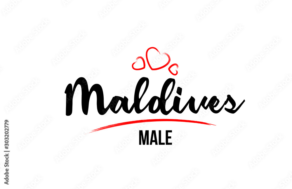 Maldives country with red love heart and its capital Male creative typography logo design