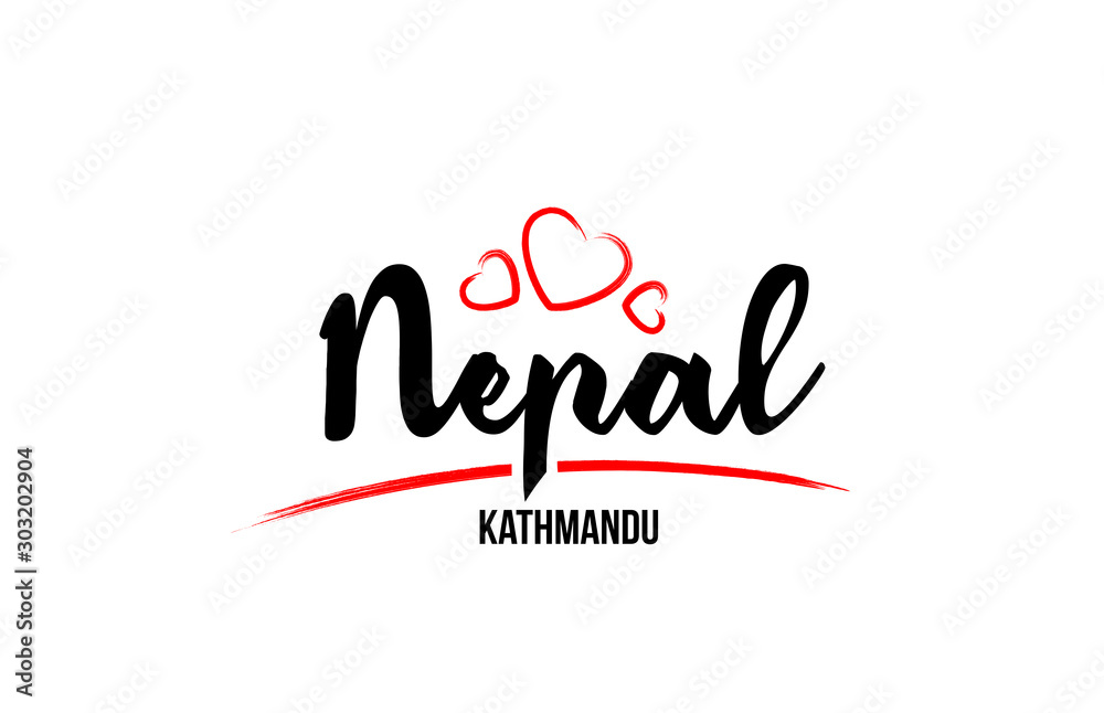 Nepal country with red love heart and its capital Kathmandu creative typography logo design