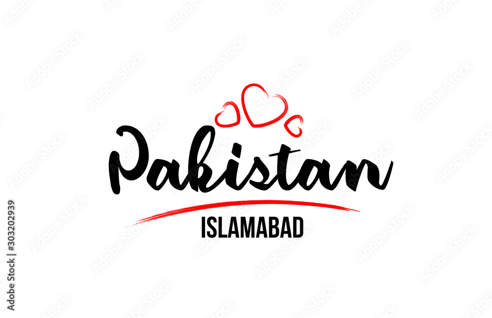 Pakistan country with red love heart and its capital Islamabad creative typography logo design