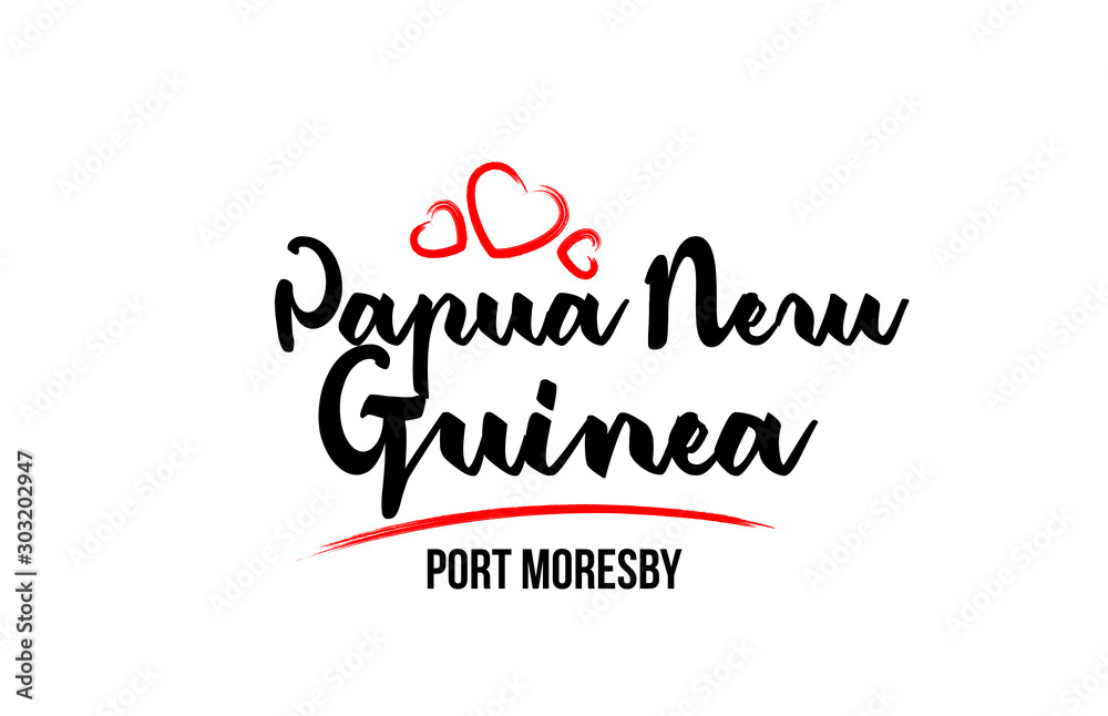 Papua New Guinea country with red love heart and its capital Port Moresby creative typography logo design