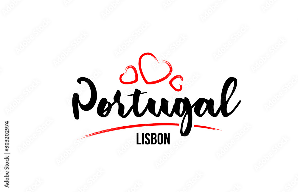 Portugal country with red love heart and its capital Lisbon creative typography logo design