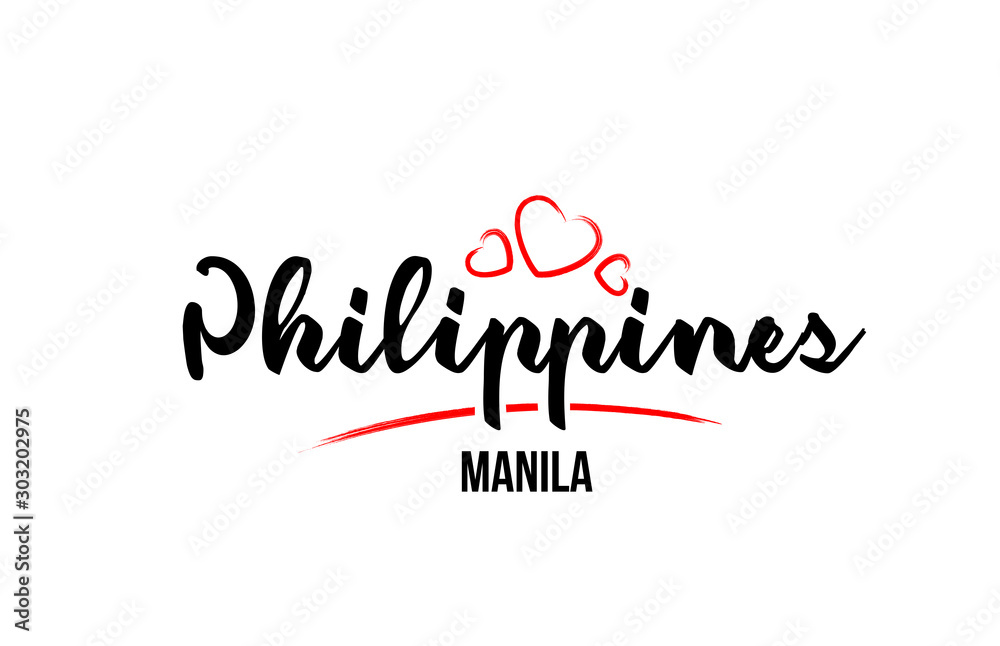 Philippines country with red love heart and its capital Manila creative typography logo design