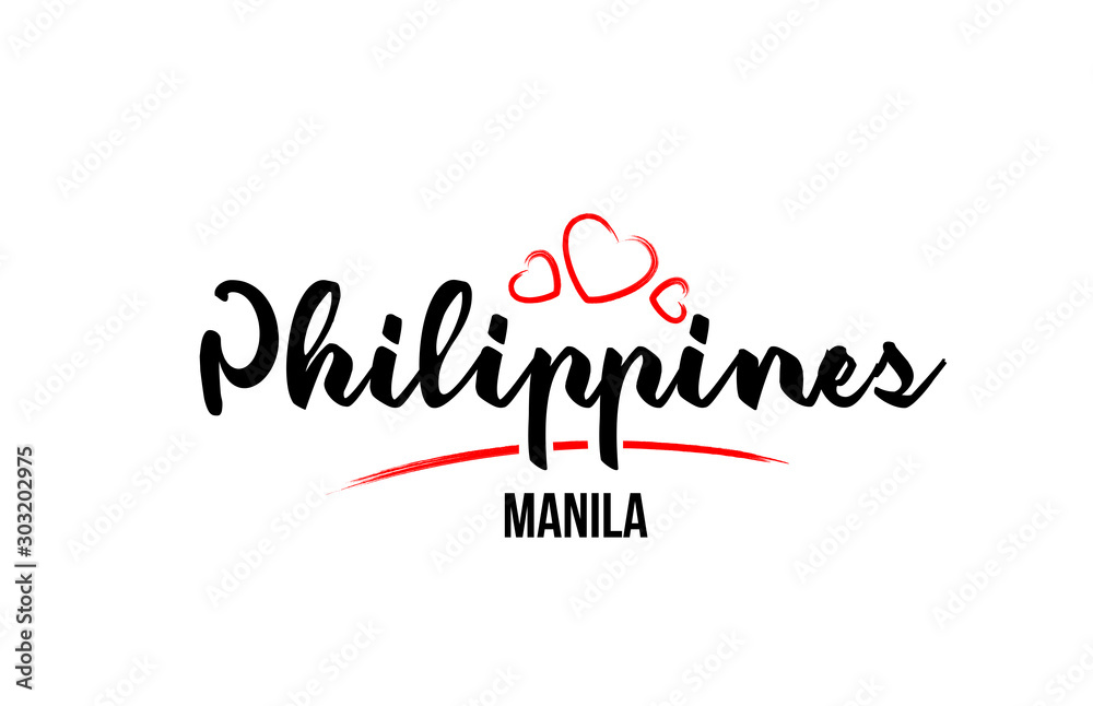 Fototapeta premium Philippines country with red love heart and its capital Manila creative typography logo design