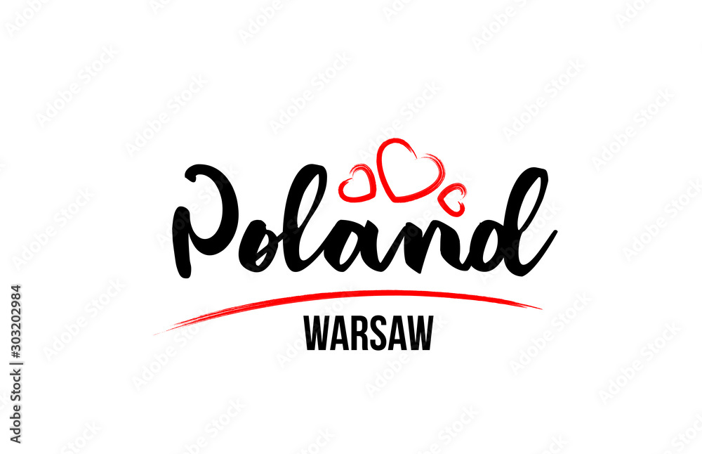 Poland country with red love heart and its capital Warsaw creative typography logo design