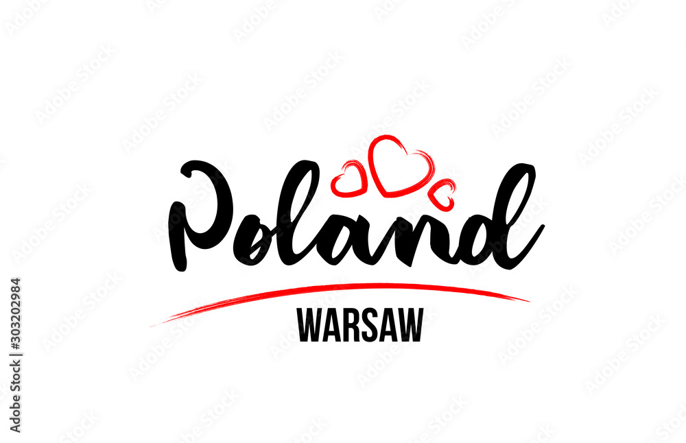 Poland country with red love heart and its capital Warsaw creative typography logo design Poland country with red love heart and its capital Warsaw creative typography logo design