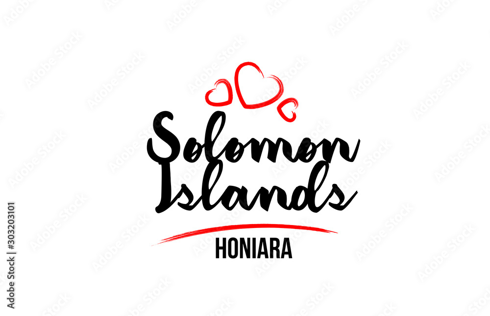 Solomon Islands country with red love heart and its capital Honiara creative typography logo design