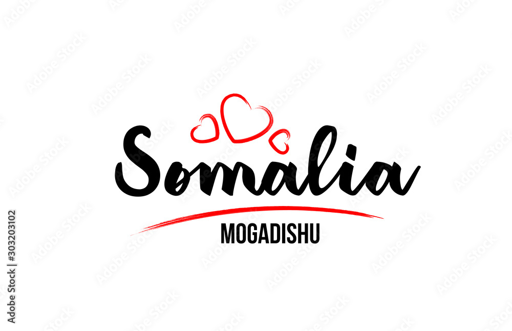 Somalia country with red love heart and its capital Mogadishu creative typography logo design