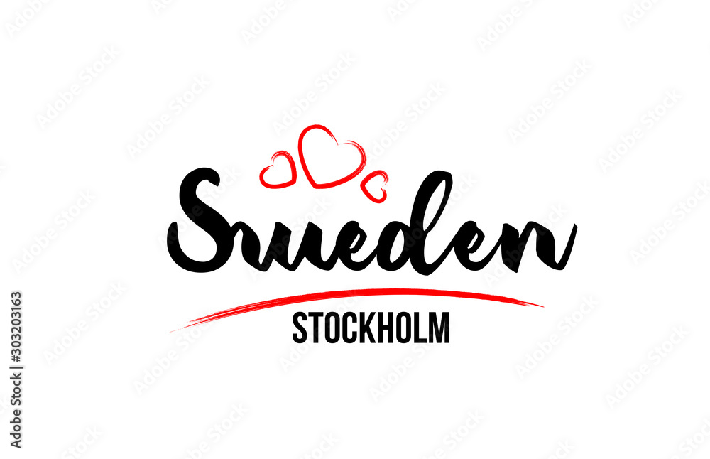 Sweden country with red love heart and its capital Stockholm creative typography logo design