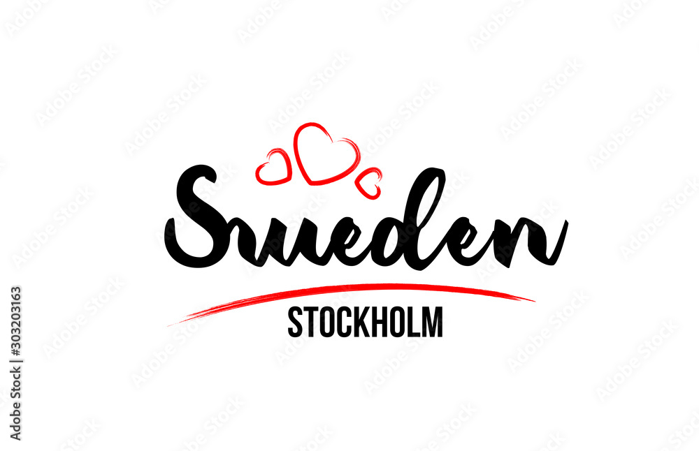Sweden country with red love heart and its capital Stockholm creative typography logo design Sweden country with red love heart and its capital Stockholm creative typography logo design