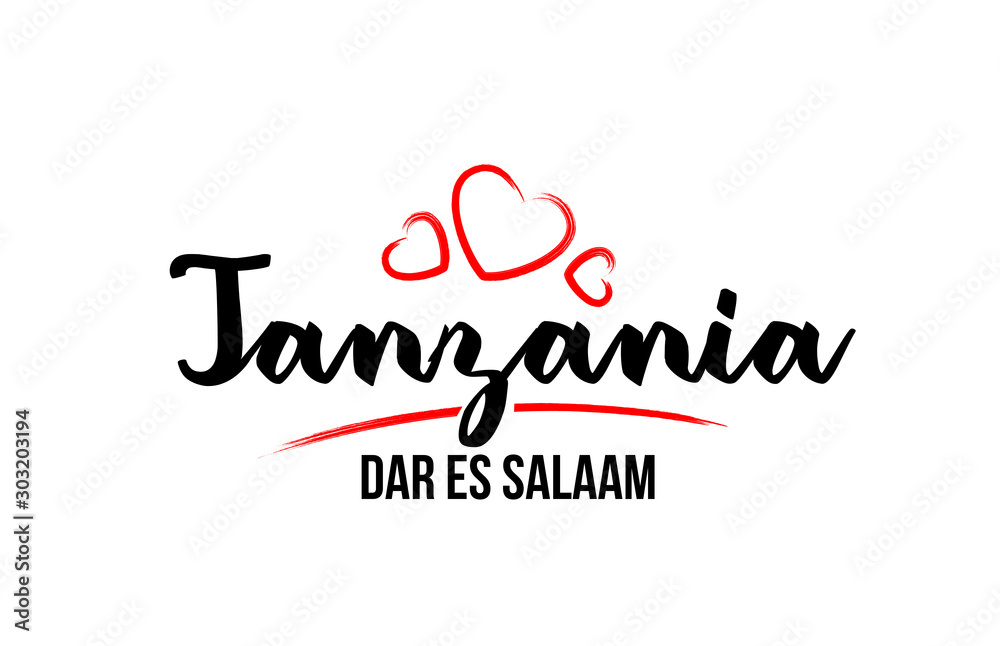 Tanzania country with red love heart and its capital Dar es Salaam creative typography logo design Tanzania country with red love heart and its capital Dar es Salaam creative typography logo design