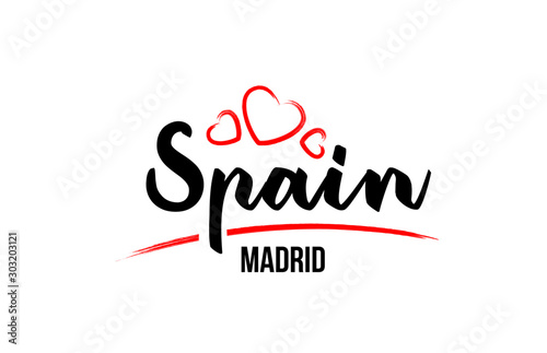 Spain country with red love heart and its capital Madrid creative typography logo design