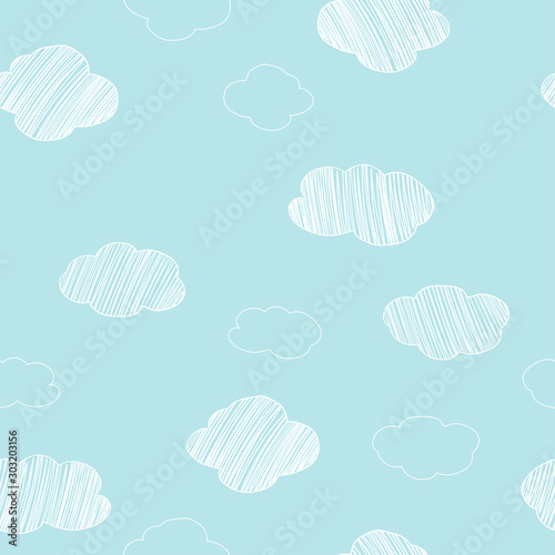 Pattern with hand-drawn different clouds on a blue sky background.