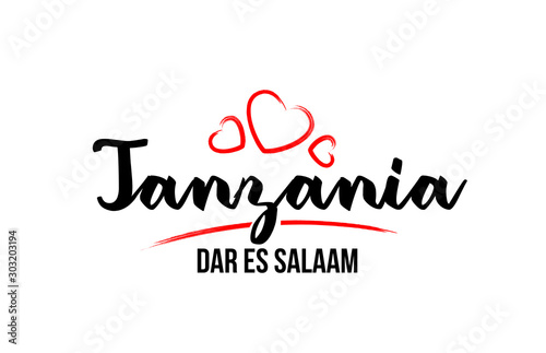 Tanzania country with red love heart and its capital Dar es Salaam creative typography logo design