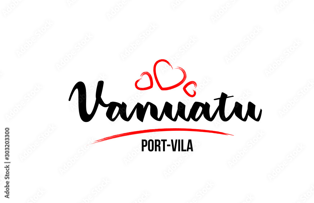 Vanuatu country with red love heart and its capital Port Vila creative typography logo design