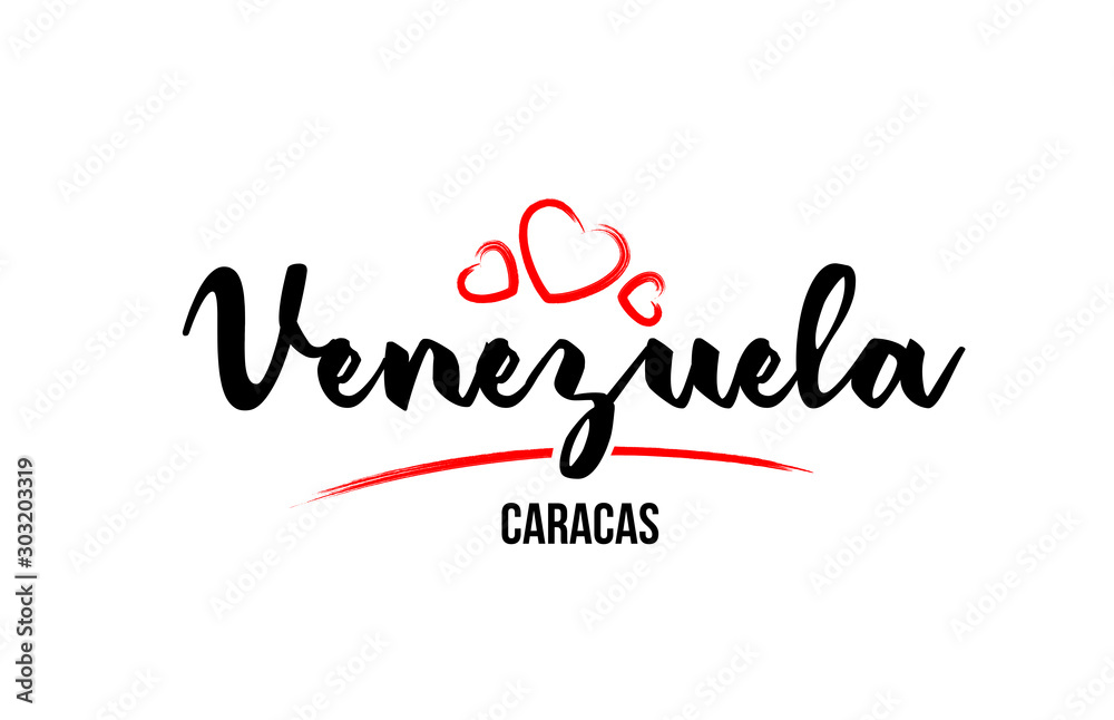 Venezuela country with red love heart and its capital Caracas creative typography logo design