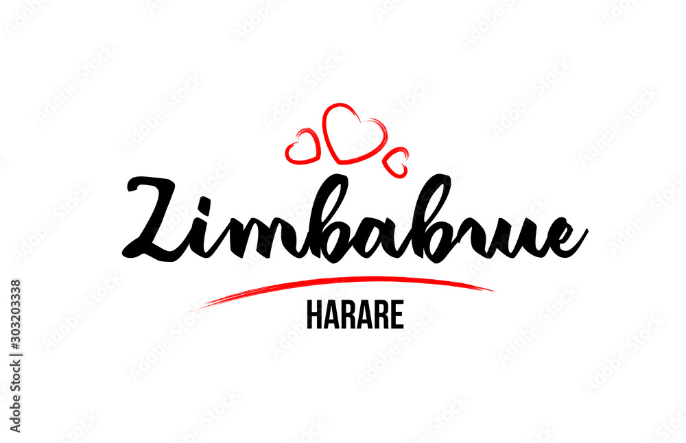 Zimbabwe country with red love heart and its capital Harare creative typography logo design