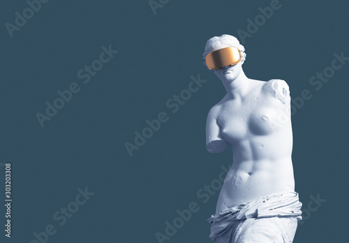 3D Model Aphrodite With Golden VR Glasses On Blue Background. Virtual Art Concept. photo