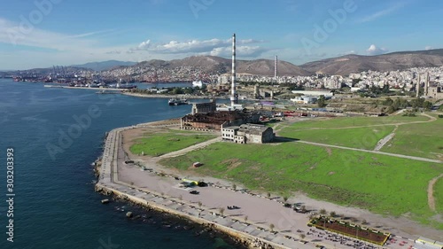 Aerial drone video of abandoned fertiliser industrial plant next to port of Piraeus where tomb of Ancient Greek Themistoklis was found, Attica, Greece photo