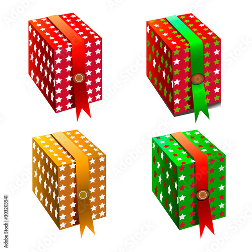 Vector illustration of square boxes with bows. Isolated color image of holiday boxes with ornament. A Christmas gift.