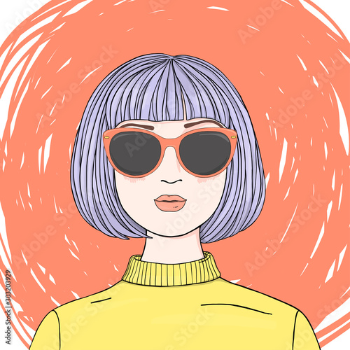 Portrait of a beautiful woman with short purple hair in sunglasses.