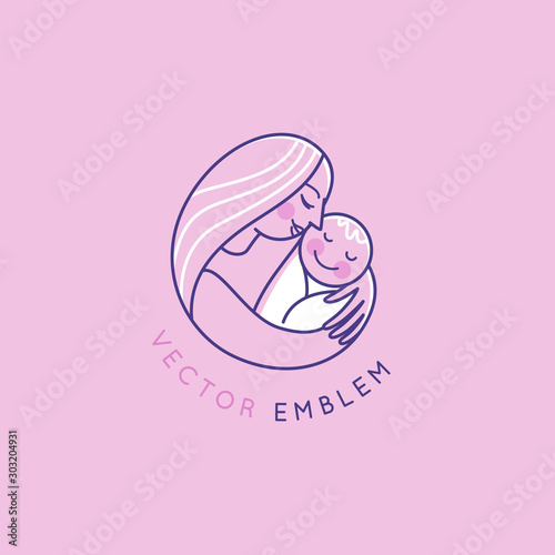 Vector logo design template and emblem in simple line style - happy mother and child - badge for children store and baby care centers, babysitting and nanny service