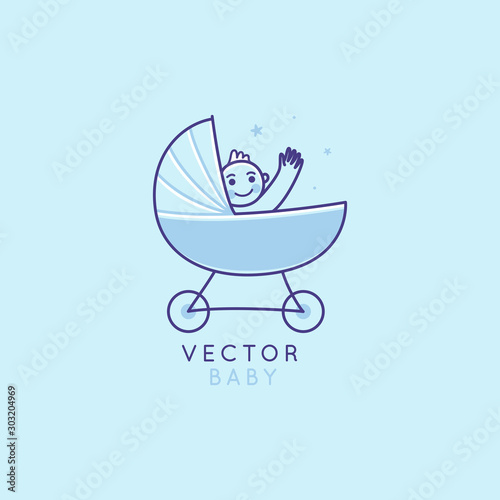 Vector logo design template and emblem in simple line style - happy smiling baby in a baby carriage