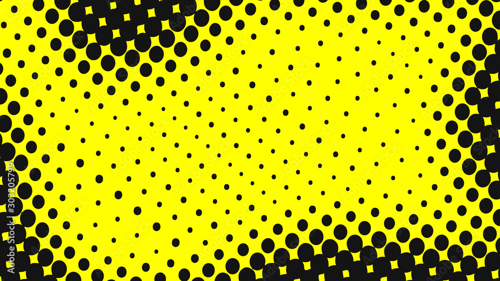 Fototapeta Yellow with black retro comic pop art background with haftone dots design. Vector clear template for banner or comic book design, etc