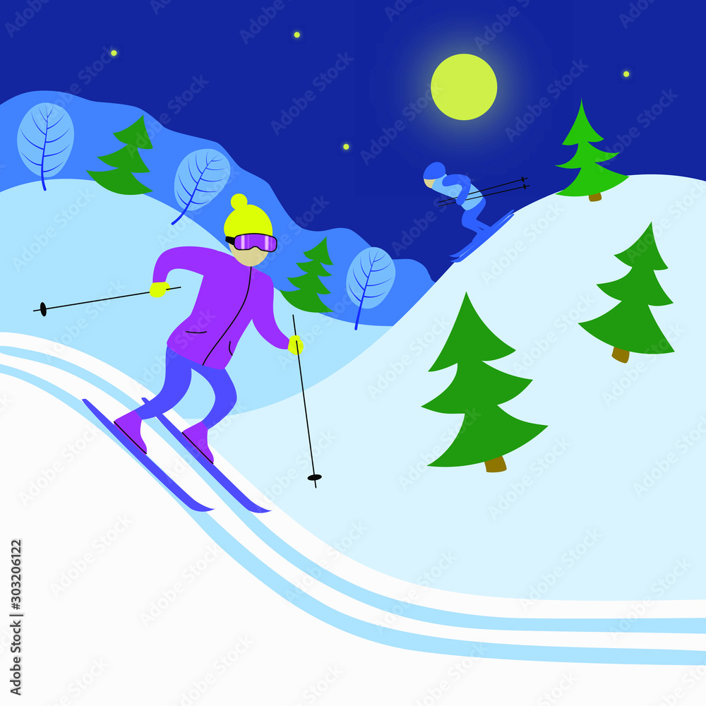Skiers on the snowy hills with the firs in the evening under the moon and stars. Ski resort. Winter sports competition. Healthy lifestyle. Mountain skiing. Active sports recreation. Stock vector flat.